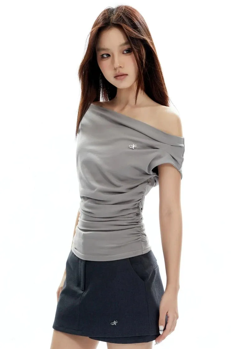 Asymmetrical Neckline Ruched Jersey Top