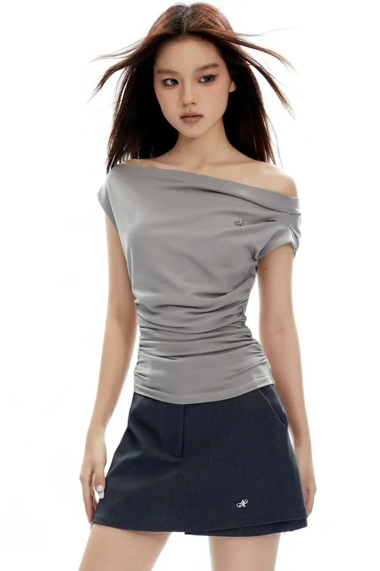 Asymmetrical Neckline Ruched Jersey Top