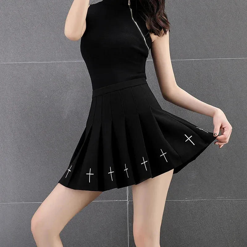 Black Vintage Print High Cross Pleated Streetwear Waist Gothic Skirt