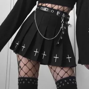 Black Vintage Print High Cross Pleated Streetwear Waist Gothic Skirt