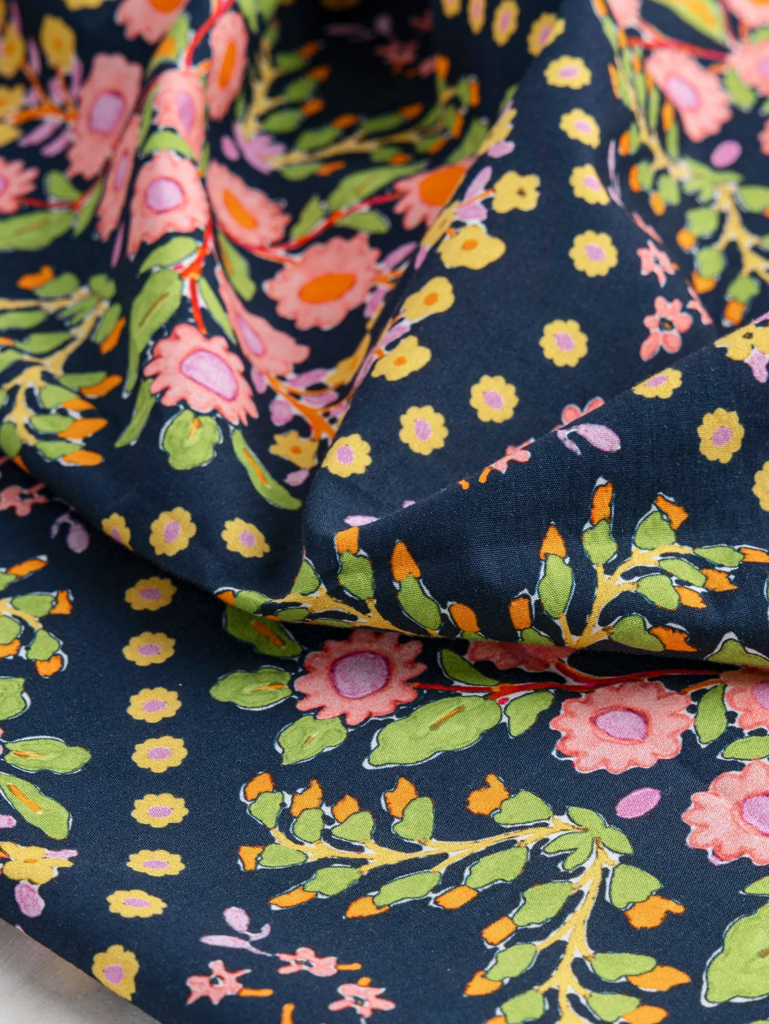 Block Print Floral Cotton Poplin - Navy   Pink   Green   Yellow