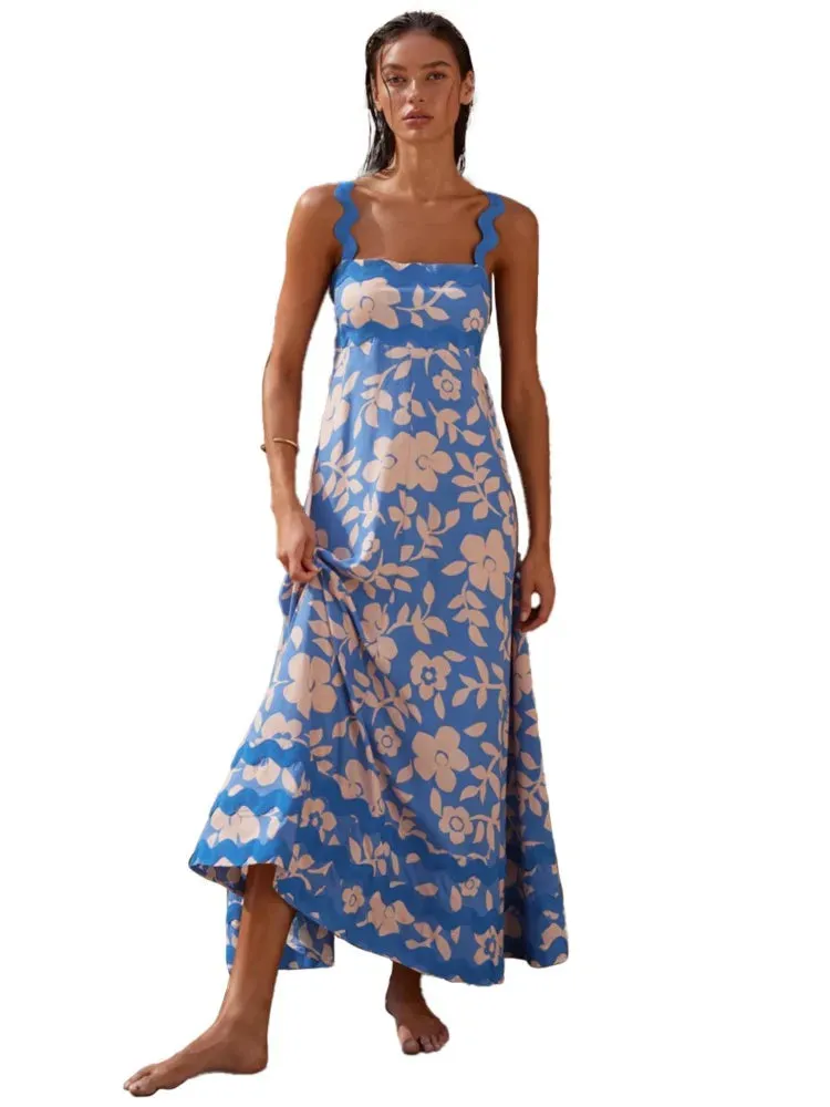 Bohemian Summer Printed A-line Long Dress Sexy Backless Holiday Beach Spaghetti Strap Dresses For Women Maxi Vestidos Para Mujer