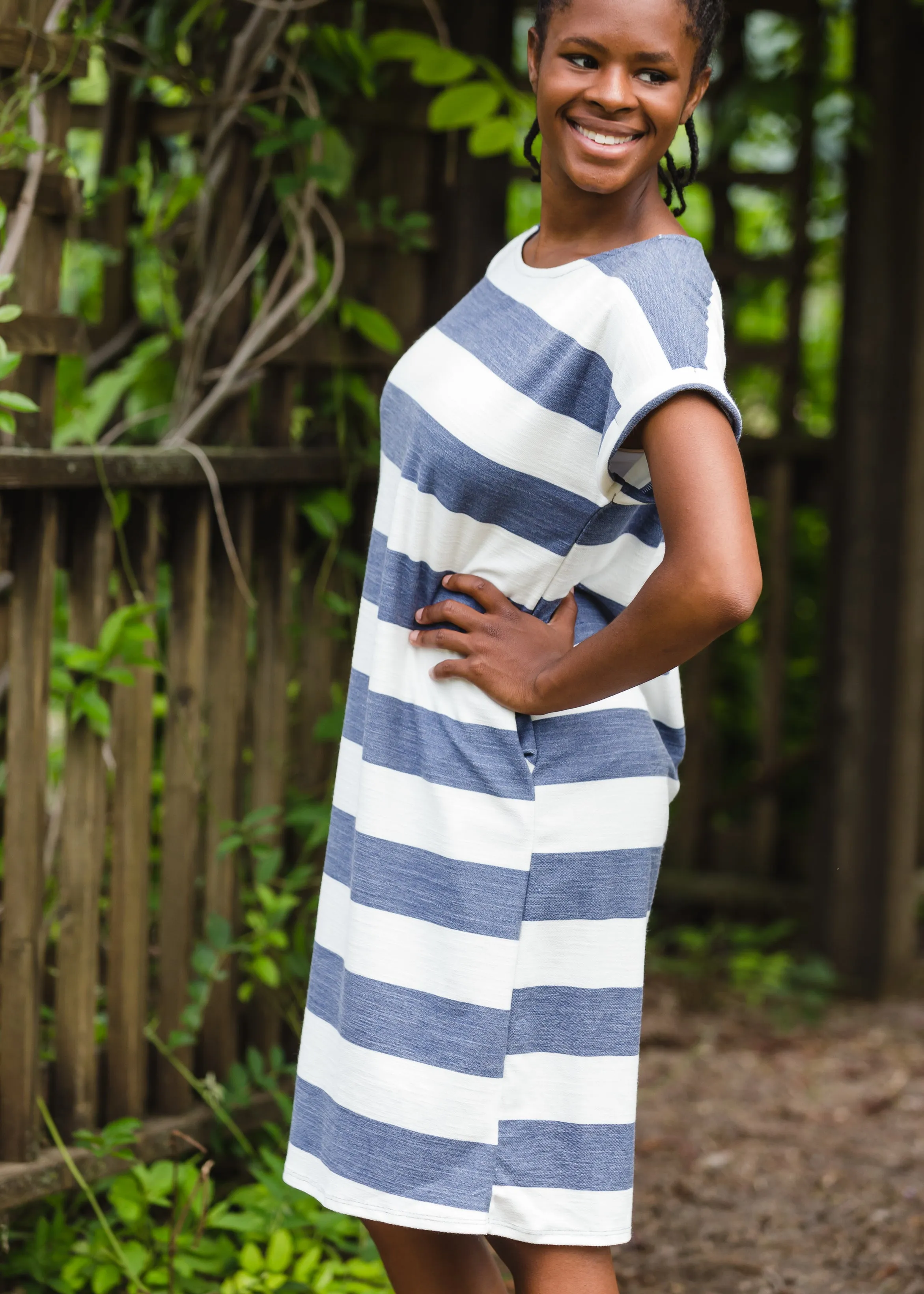 Bold Navy Stripe French Terry Midi Dress - FINAL SALE