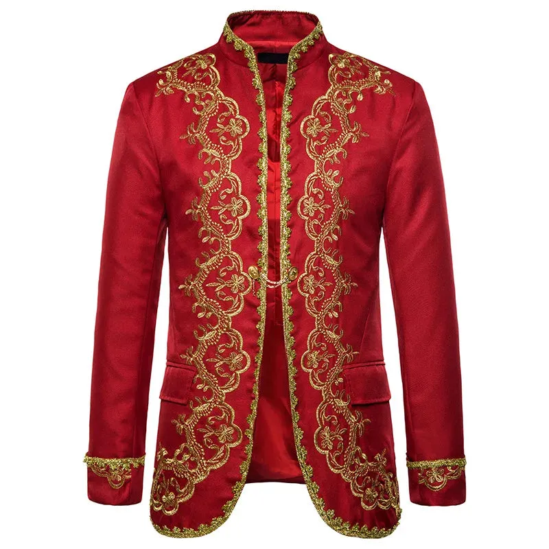 British Style Palace Prince Black Embroidery Men's Wedding Groom Suit Jacket Stage Singers Coat Masculino blazers