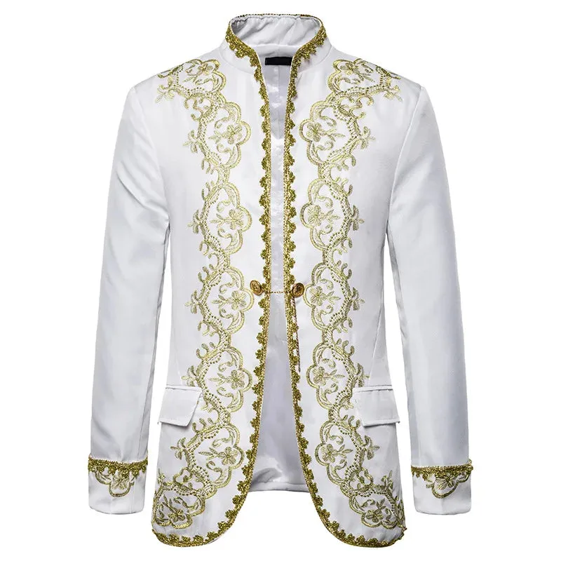 British Style Palace Prince Black Embroidery Men's Wedding Groom Suit Jacket Stage Singers Coat Masculino blazers