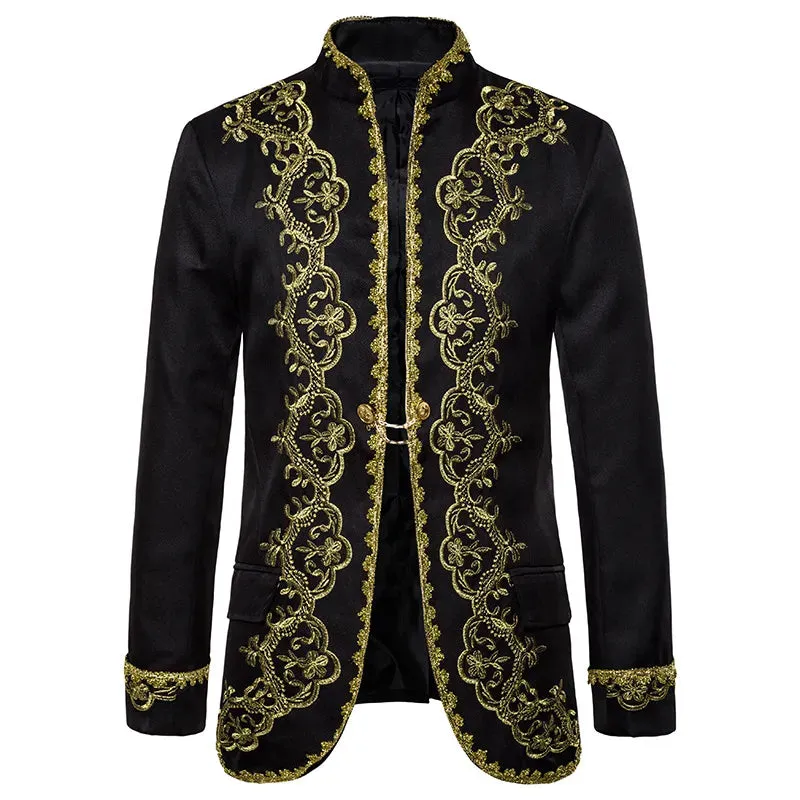 British Style Palace Prince Black Embroidery Men's Wedding Groom Suit Jacket Stage Singers Coat Masculino blazers