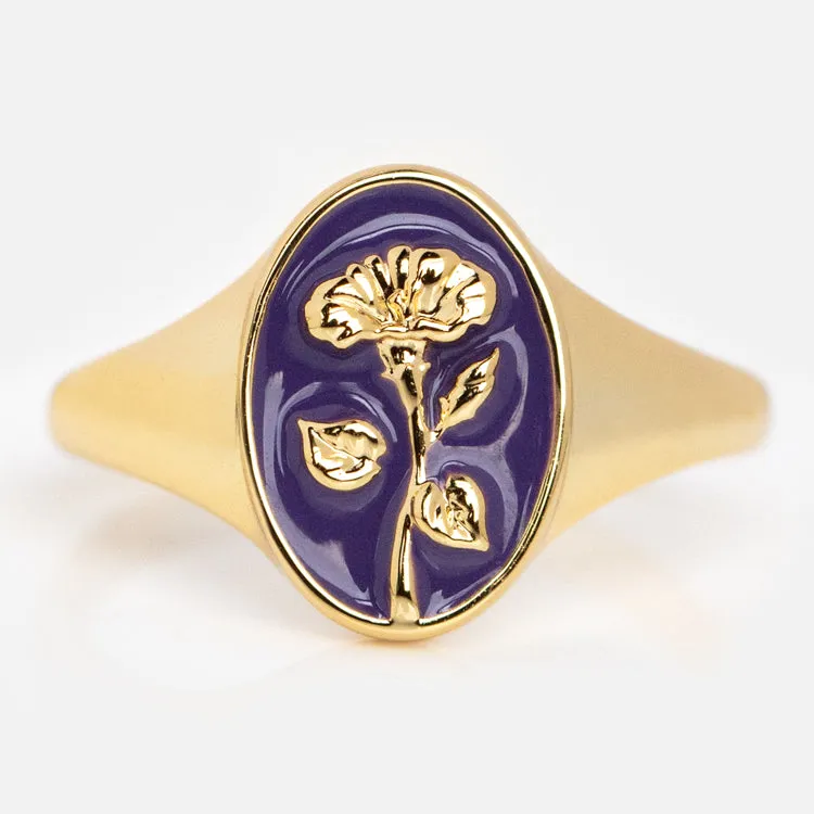 Enamel Birth Flower Signet Ring