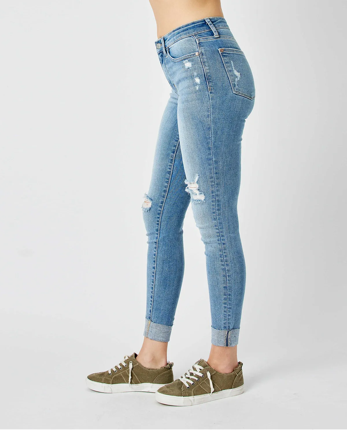 Judy Blue Mid Rise Destroy & Cuff Skinny Jeans