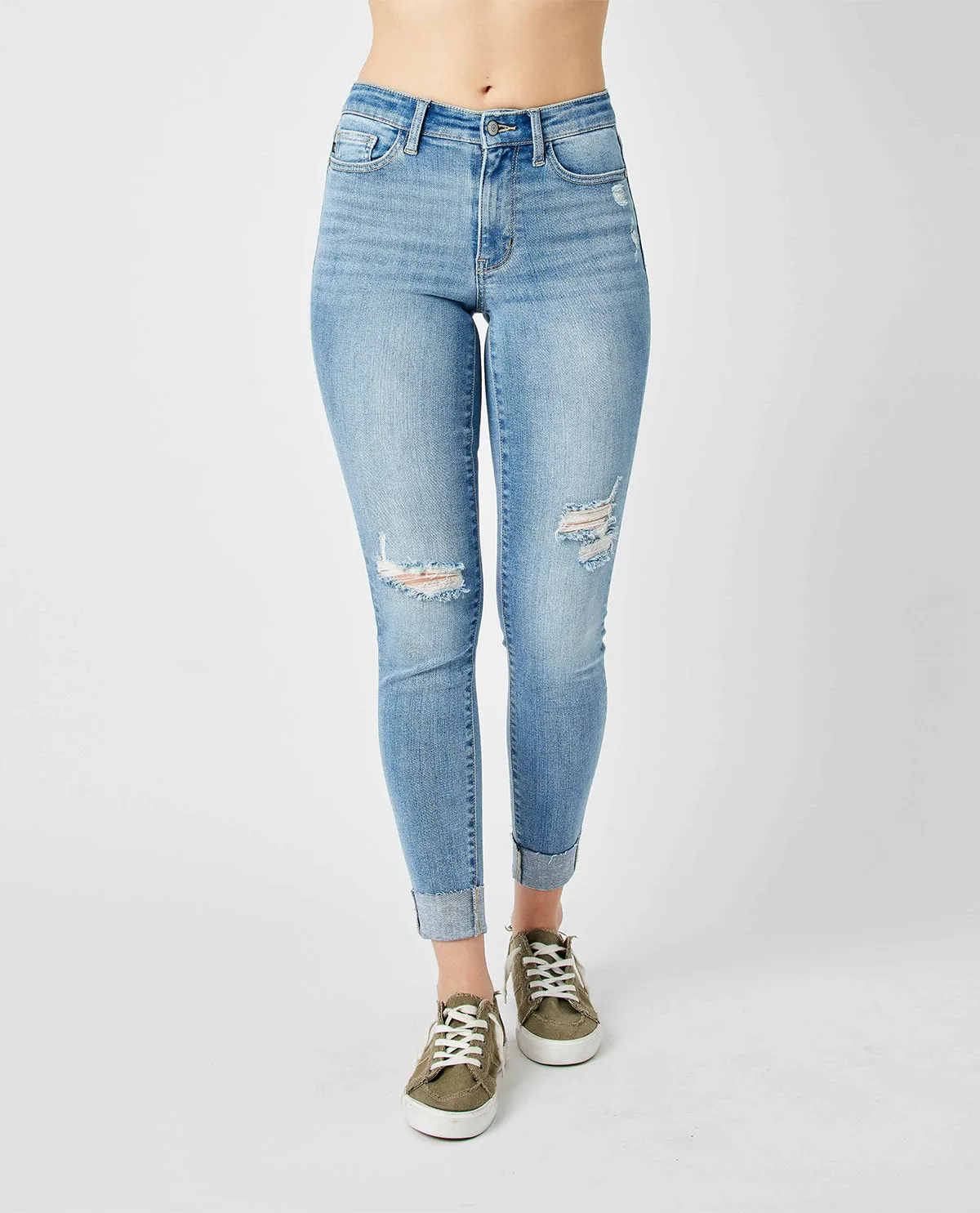 Judy Blue Mid Rise Destroy & Cuff Skinny Jeans