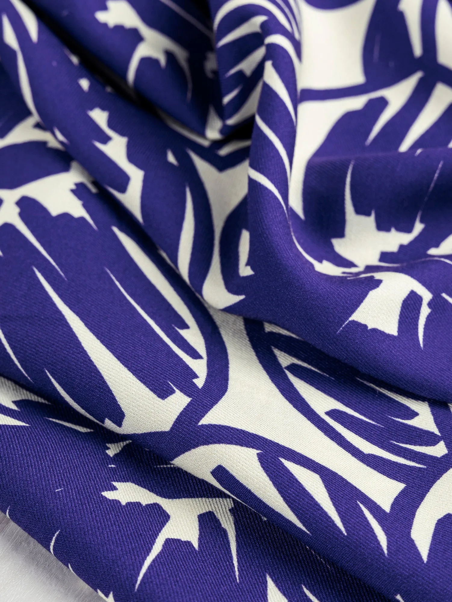 Large Floral Scribble Viscose Twill - Cobalt Blue   Cream