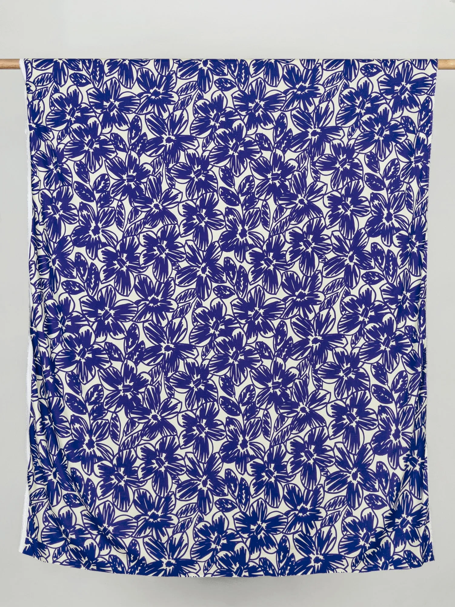 Large Floral Scribble Viscose Twill - Cobalt Blue   Cream