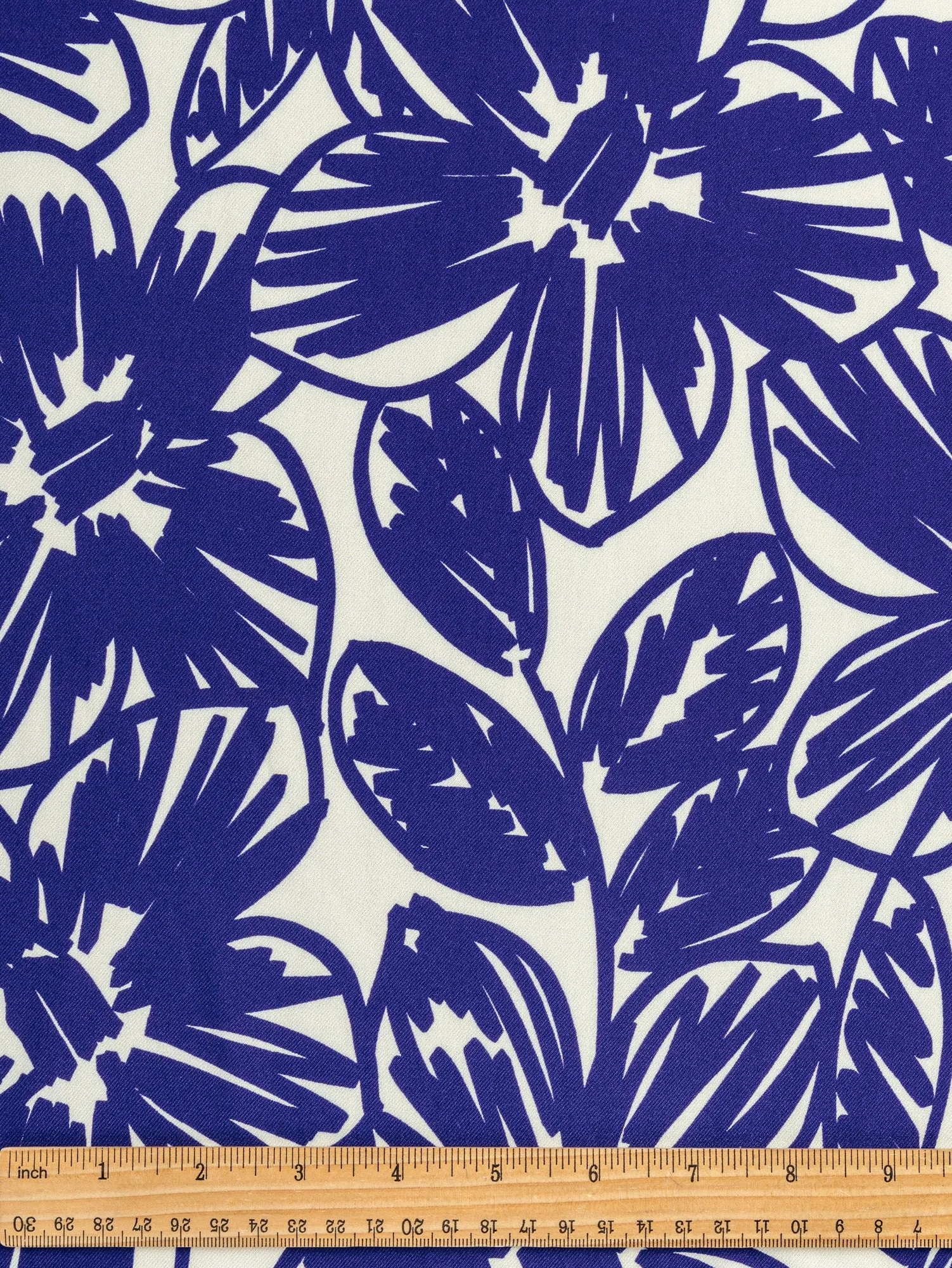 Large Floral Scribble Viscose Twill - Cobalt Blue   Cream