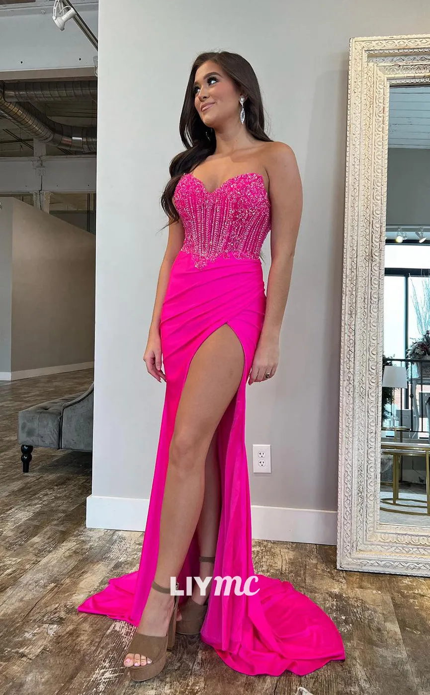 LP1089 - Sweetheart Beads Satin Ruched Mermaid Formal Prom Dress with Slit