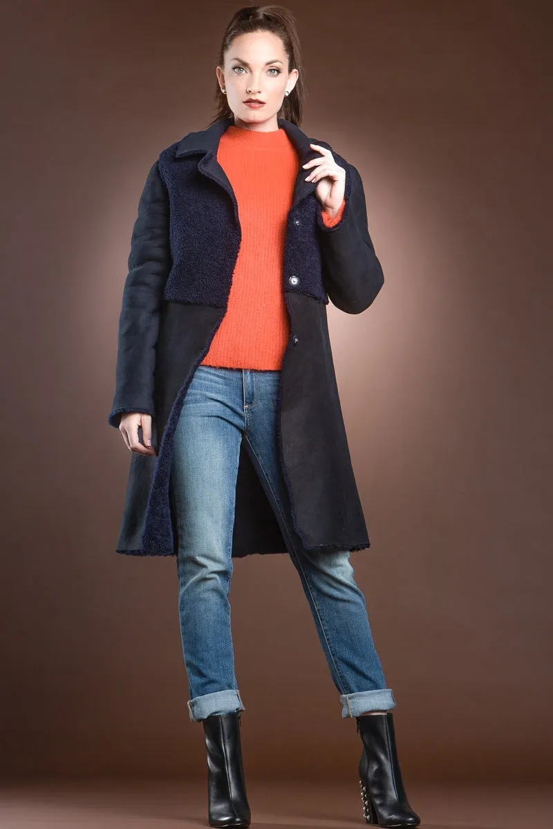 Navy Blue Double Faced Mid-Length Shearling Coat