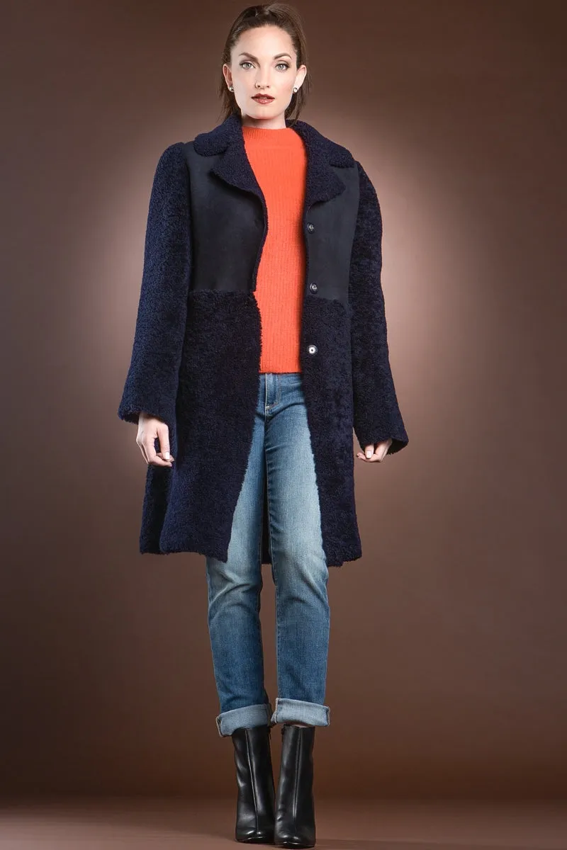 Navy Blue Double Faced Mid-Length Shearling Coat