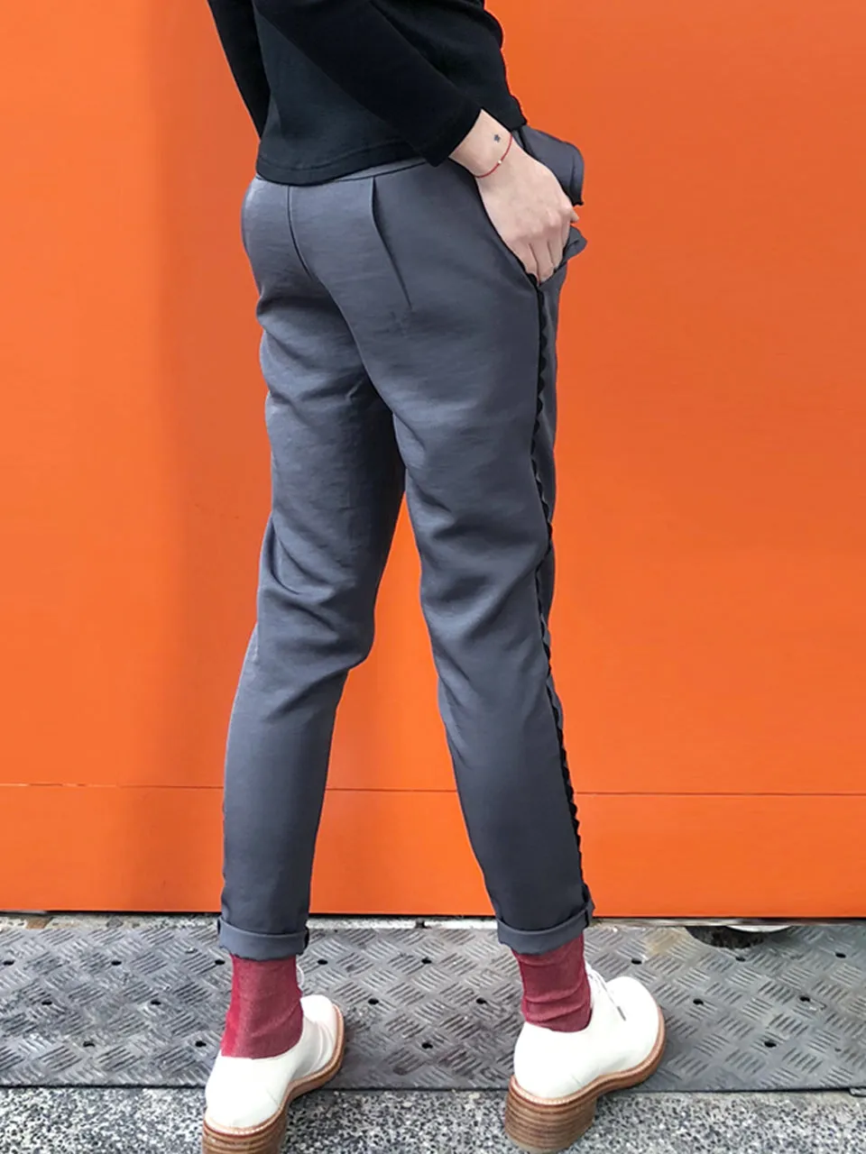 SPECIAL! Charcoal Ruffle Pocket Scallop Side Trim Trousers