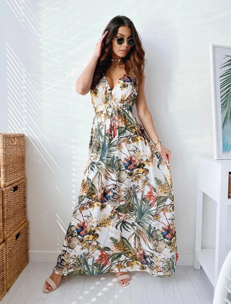 Summer Women's Elegant Dress Open Back Sexy Printed Split Lace A-line Beach Dress Unique Flower Fashion Vintage Holiday Long Dress