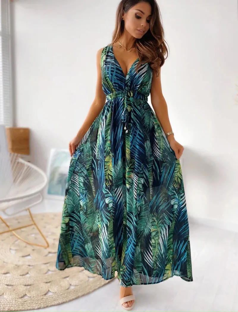 Summer Women's Elegant Dress Open Back Sexy Printed Split Lace A-line Beach Dress Unique Flower Fashion Vintage Holiday Long Dress