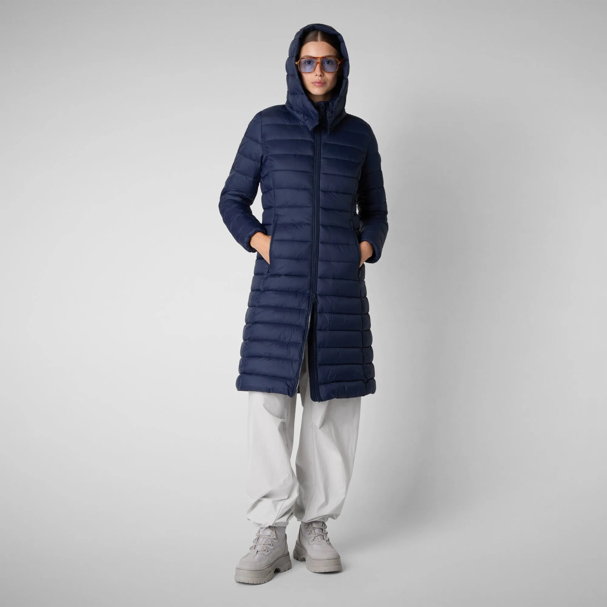 Woman's animal free hooded puffer jacket Eileen in navy blue