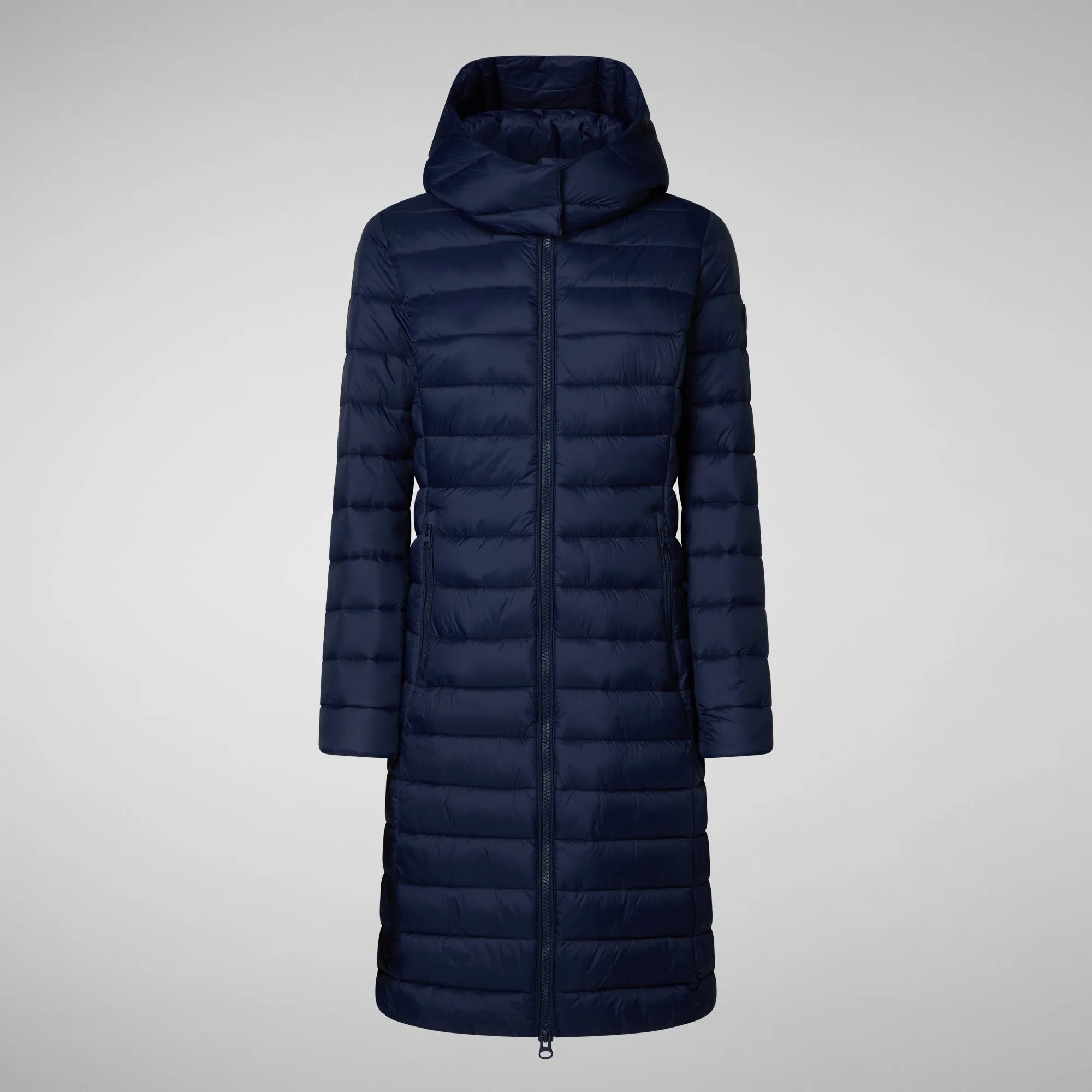 Woman's animal free hooded puffer jacket Eileen in navy blue