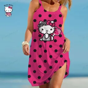 Women Slip Dress Summer O Neck Sleeveless Hello Kitty Printing Loose Party Vestidos S-5XL Oversized Elegant Women Dress Vestidos